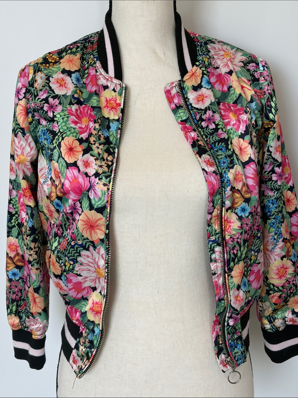 Urban Republic Floral Bomber Jacket - Black with Pink & Yellow Flowers